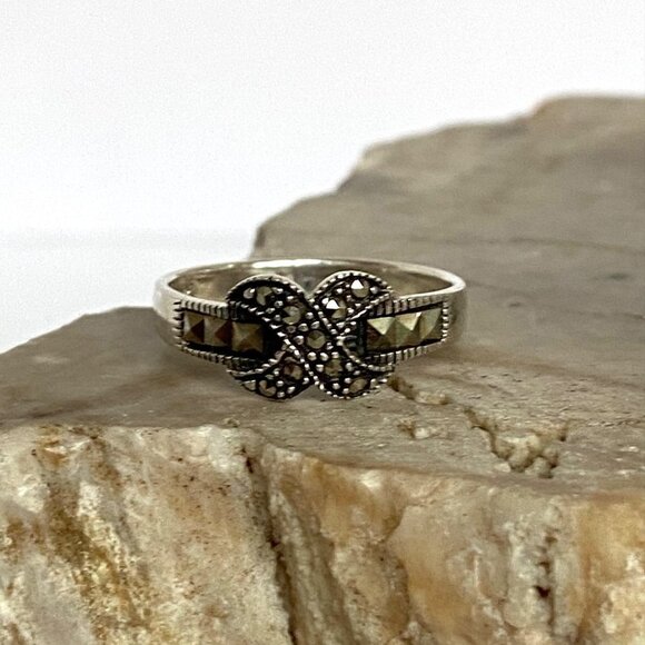 Sterling Silver 925 Marcasite X Criss Cross Knot Band Ring Sz 7.5 - Picture 12 of 16